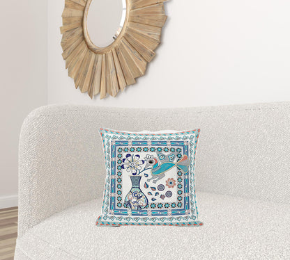 18" X 18" Blue and Off White Peacock Broadcloth Floral Zippered Pillow
