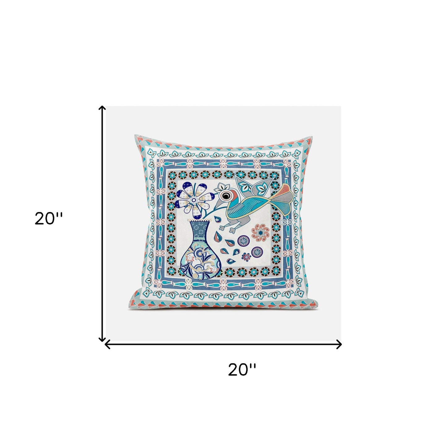 20" X 20" Blue and Off White Peacock Broadcloth Floral Zippered Pillow