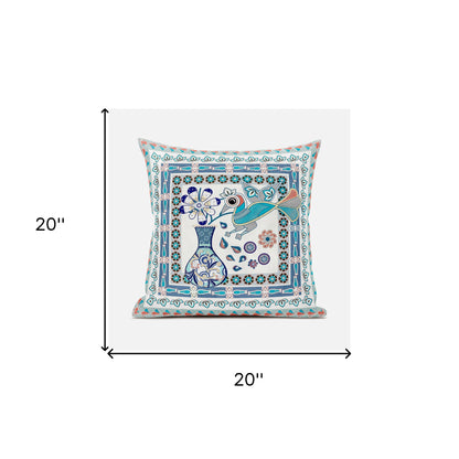 20" X 20" Blue and Off White Peacock Broadcloth Floral Zippered Pillow