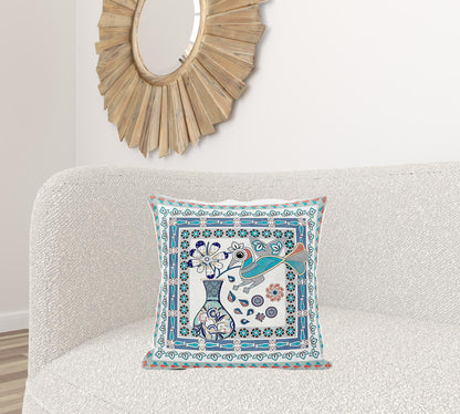 20" X 20" Blue and Off White Peacock Broadcloth Floral Zippered Pillow