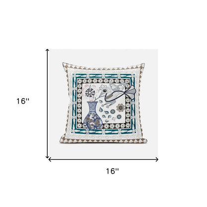 16" X 16" Beige and Aqua Peacock Broadcloth Floral Zippered Pillow