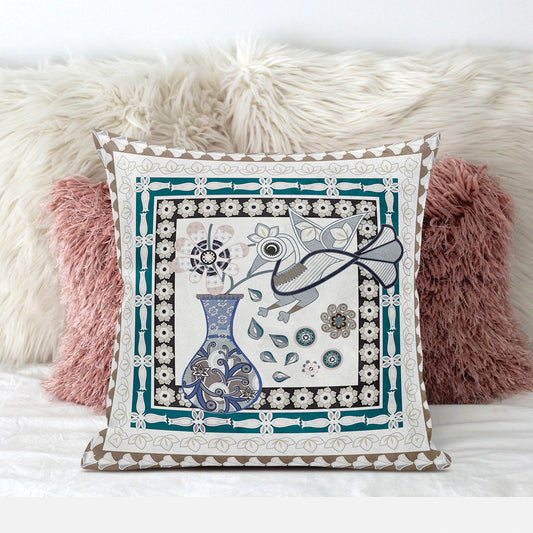 18" X 18" Beige and Aqua Peacock Broadcloth Floral Zippered Pillow
