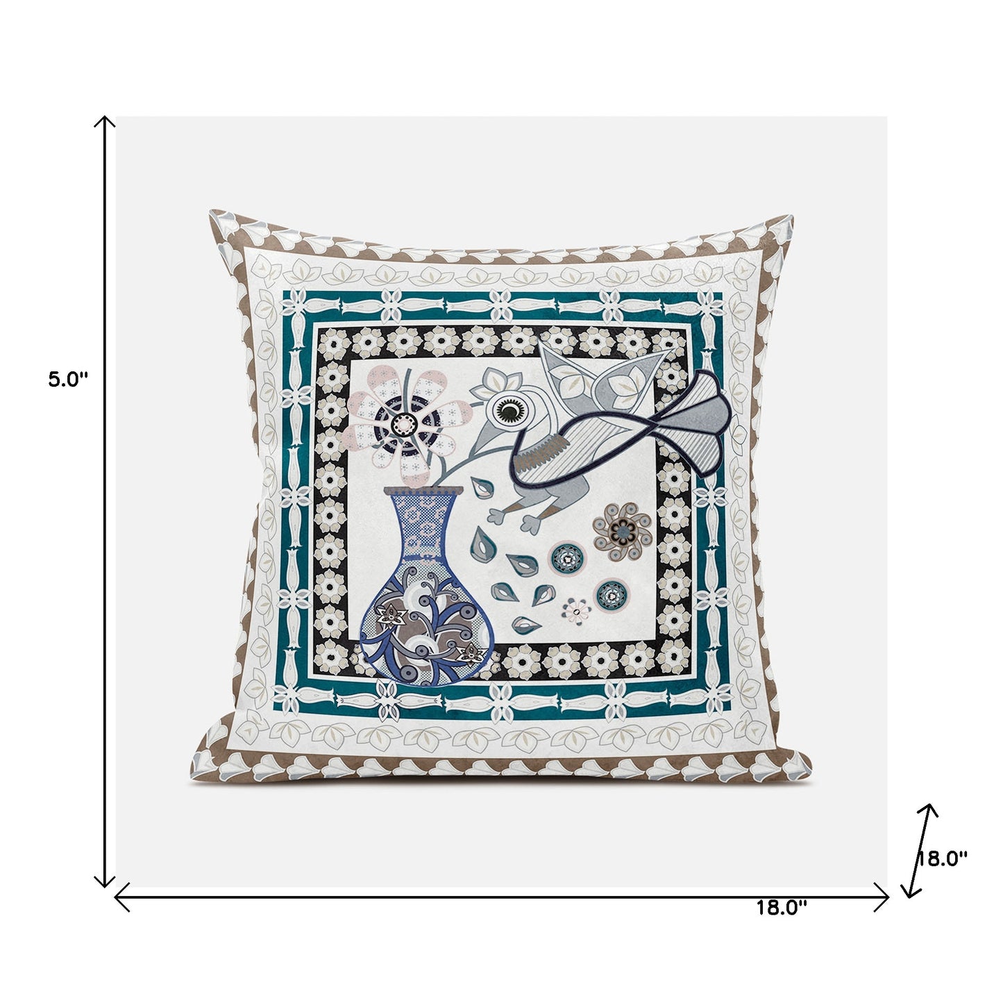 18" X 18" Beige and Aqua Peacock Broadcloth Floral Zippered Pillow