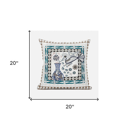 20" X 20" Beige and Aqua Peacock Broadcloth Floral Zippered Pillow