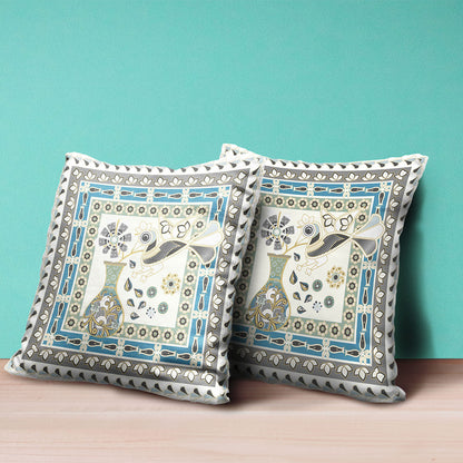 16" X 16" Blue and Off White Peacock Broadcloth Floral Zippered Pillow
