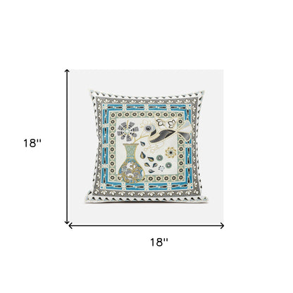18" X 18" Blue and Off White Peacock Broadcloth Floral Zippered Pillow