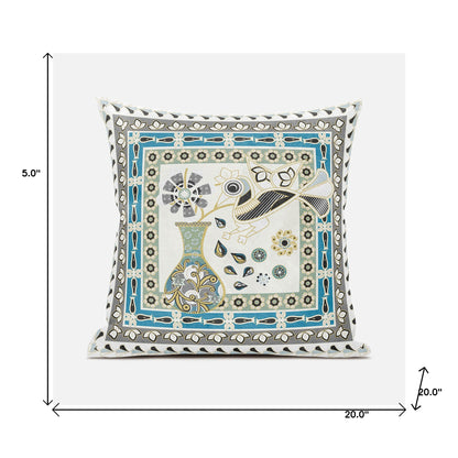 20" X 20" Blue and Off White Peacock Broadcloth Floral Zippered Pillow