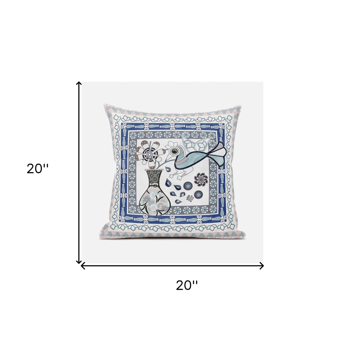 20" X 20" Beige and White Peacock Broadcloth Floral Zippered Pillow