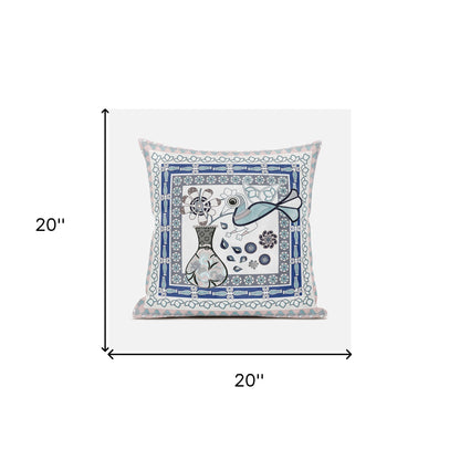 20" X 20" Beige and White Peacock Broadcloth Floral Zippered Pillow
