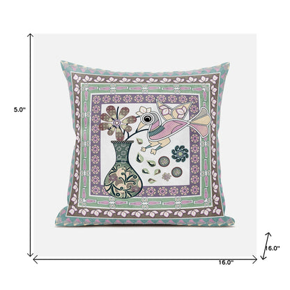 16" X 16" Pink and Brown Peacock Broadcloth Floral Zippered Pillow