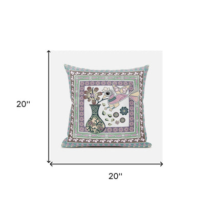 20" X 20" Pink and Brown Peacock Broadcloth Floral Zippered Pillow