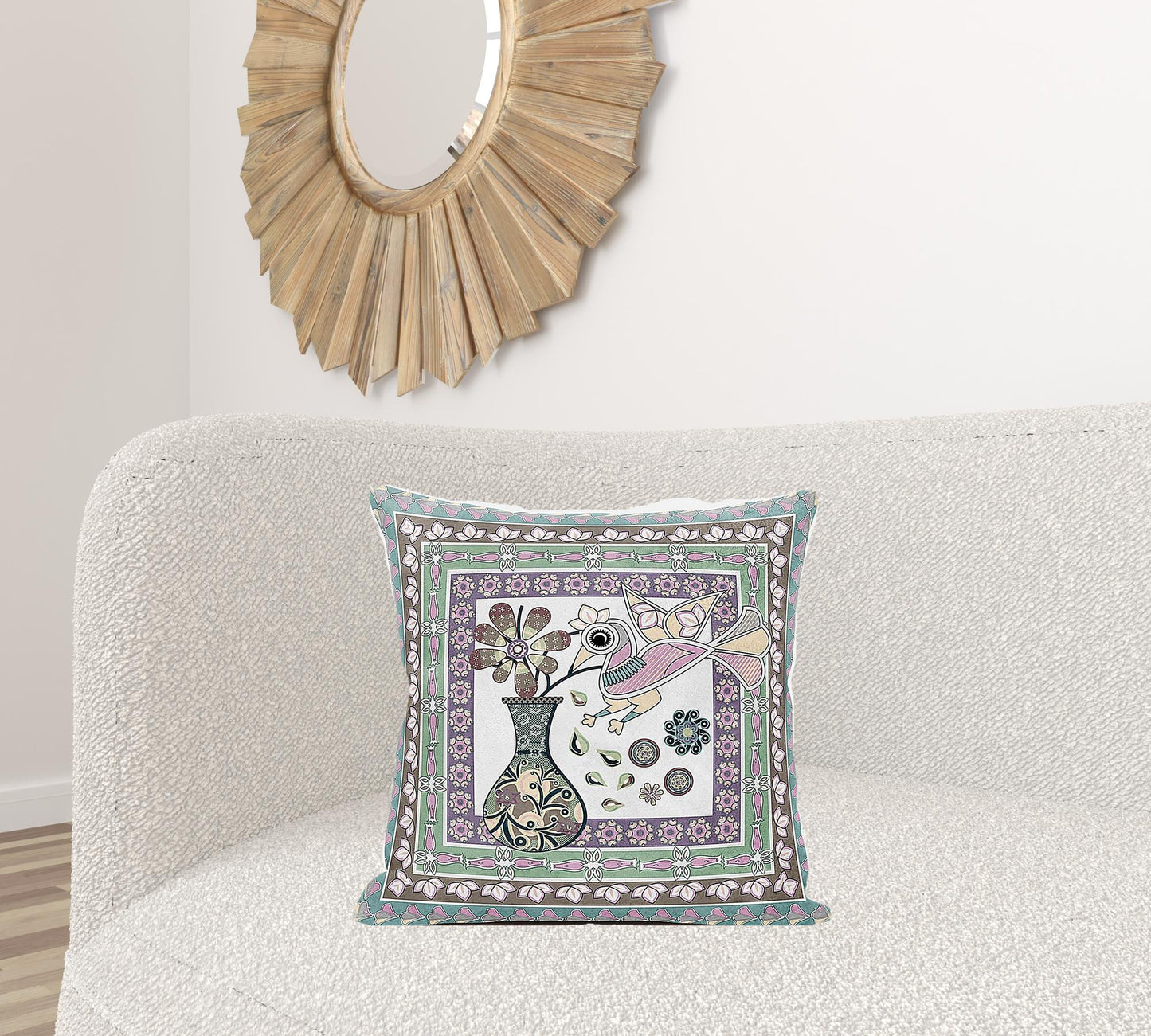 20" X 20" Pink and Brown Peacock Broadcloth Floral Zippered Pillow