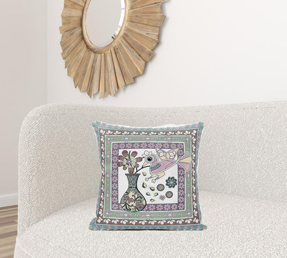 20" X 20" Pink and Brown Peacock Broadcloth Floral Zippered Pillow