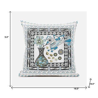 16" X 16" Black and White Peacock Broadcloth Floral Zippered Pillow