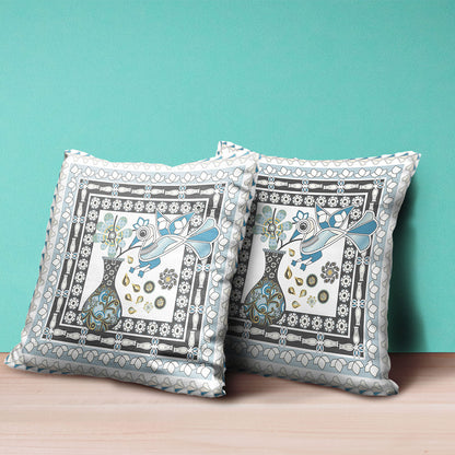 18" X 18" Black and White Peacock Broadcloth Floral Zippered Pillow