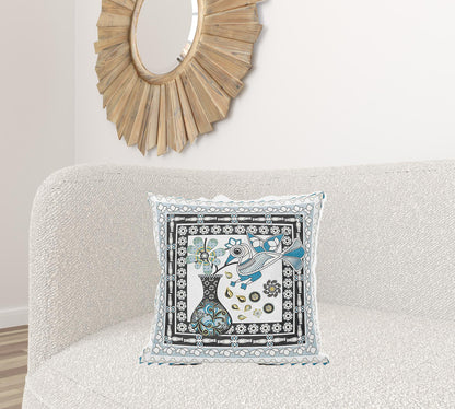 20" X 20" Black and White Peacock Broadcloth Floral Zippered Pillow