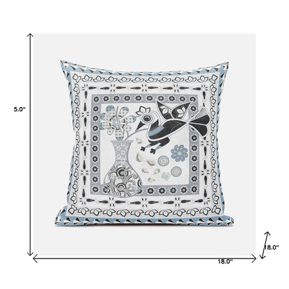 18" X 18" Black Gray and White Peacock Broadcloth Floral Zippered Pillow