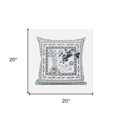 20" X 20" Black Gray and White Peacock Broadcloth Floral Zippered Pillow
