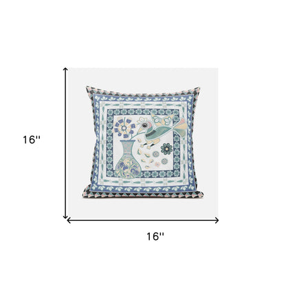 16" X 16" Blue and White Peacock Broadcloth Floral Zippered Pillow