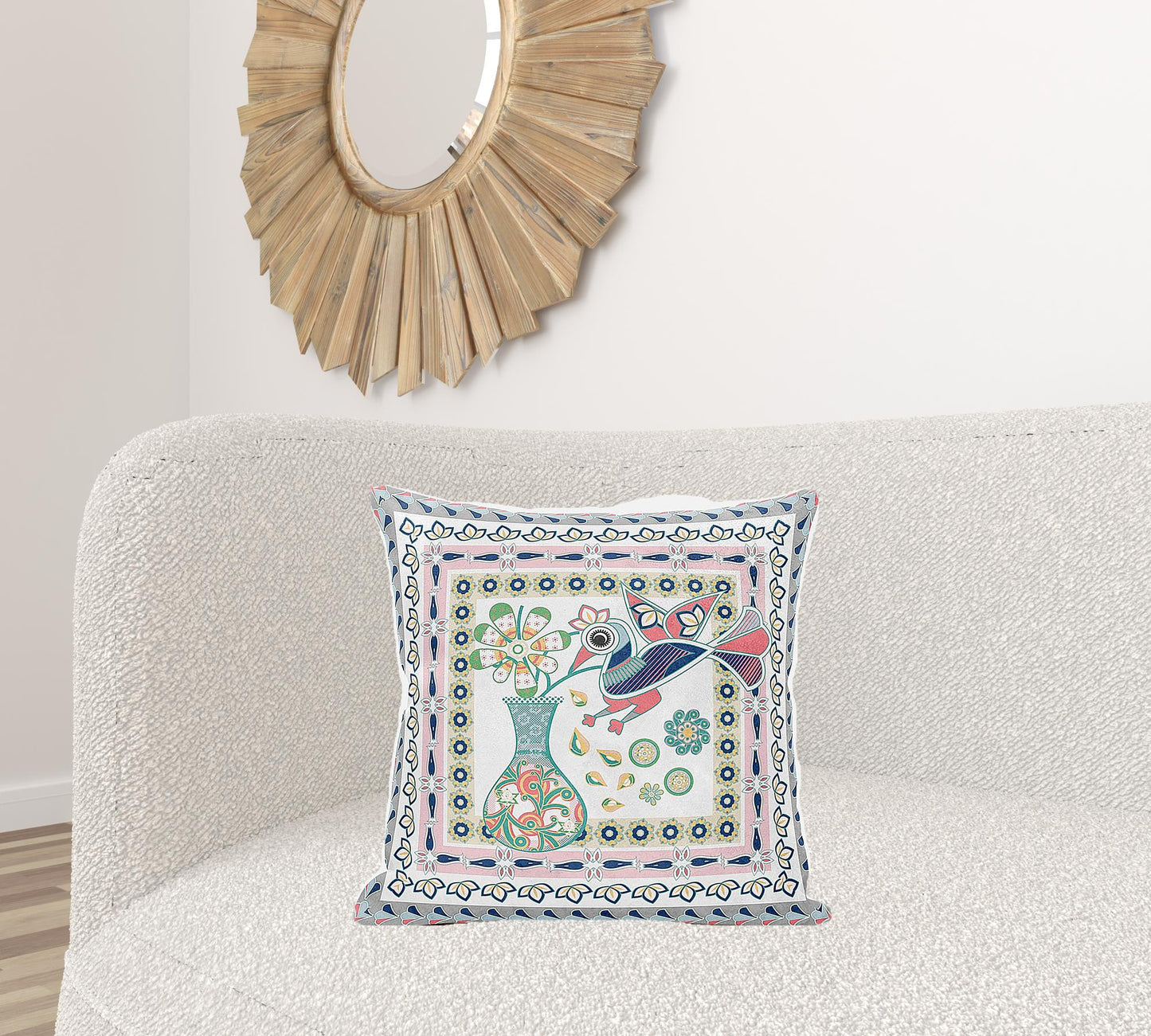 20" X 20" Pink and White Peacock Broadcloth Floral Zippered Pillow