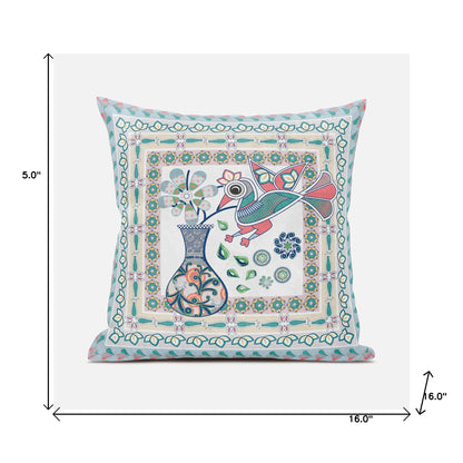 16" X 16" Pink and White Peacock Broadcloth Floral Zippered Pillow