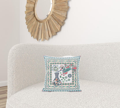16" X 16" Pink and White Peacock Broadcloth Floral Zippered Pillow