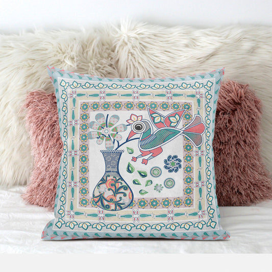 18" X 18" Pink and White Peacock Broadcloth Floral Zippered Pillow