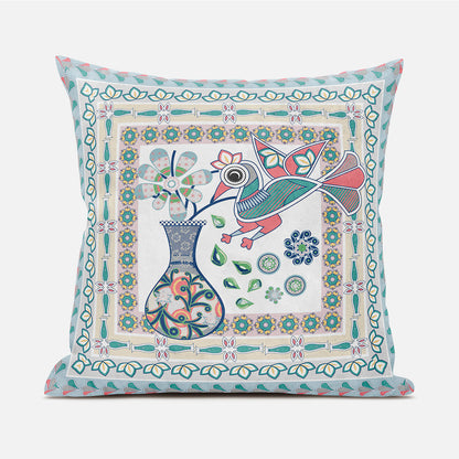 20" X 20" Pink and White Peacock Broadcloth Floral Zippered Pillow