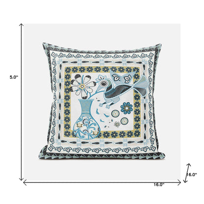 16" X 16" Black and Blue Peacock Broadcloth Floral Zippered Pillow