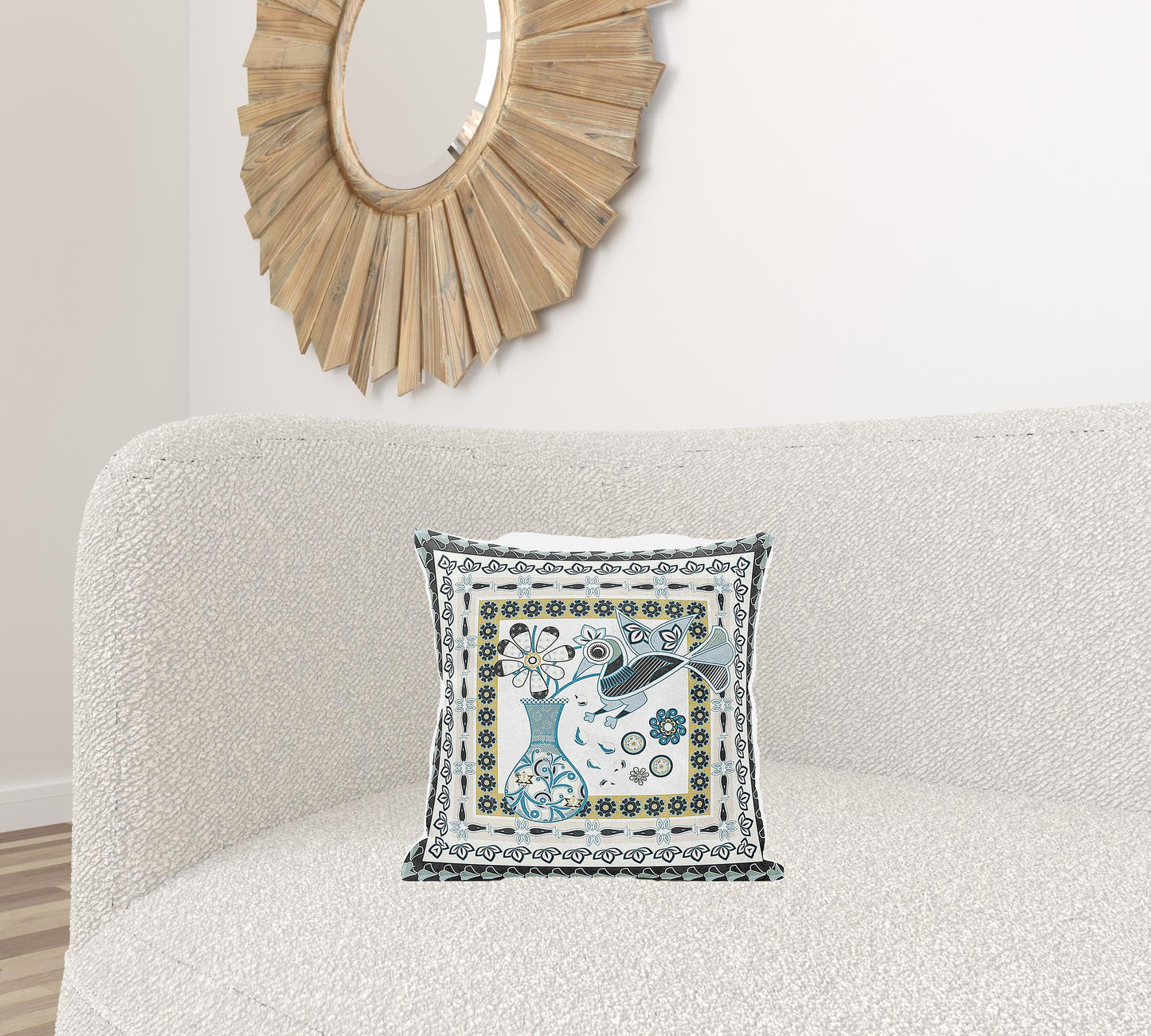 16" X 16" Black and Blue Peacock Broadcloth Floral Zippered Pillow