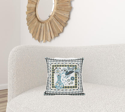 16" X 16" Black and Blue Peacock Broadcloth Floral Zippered Pillow