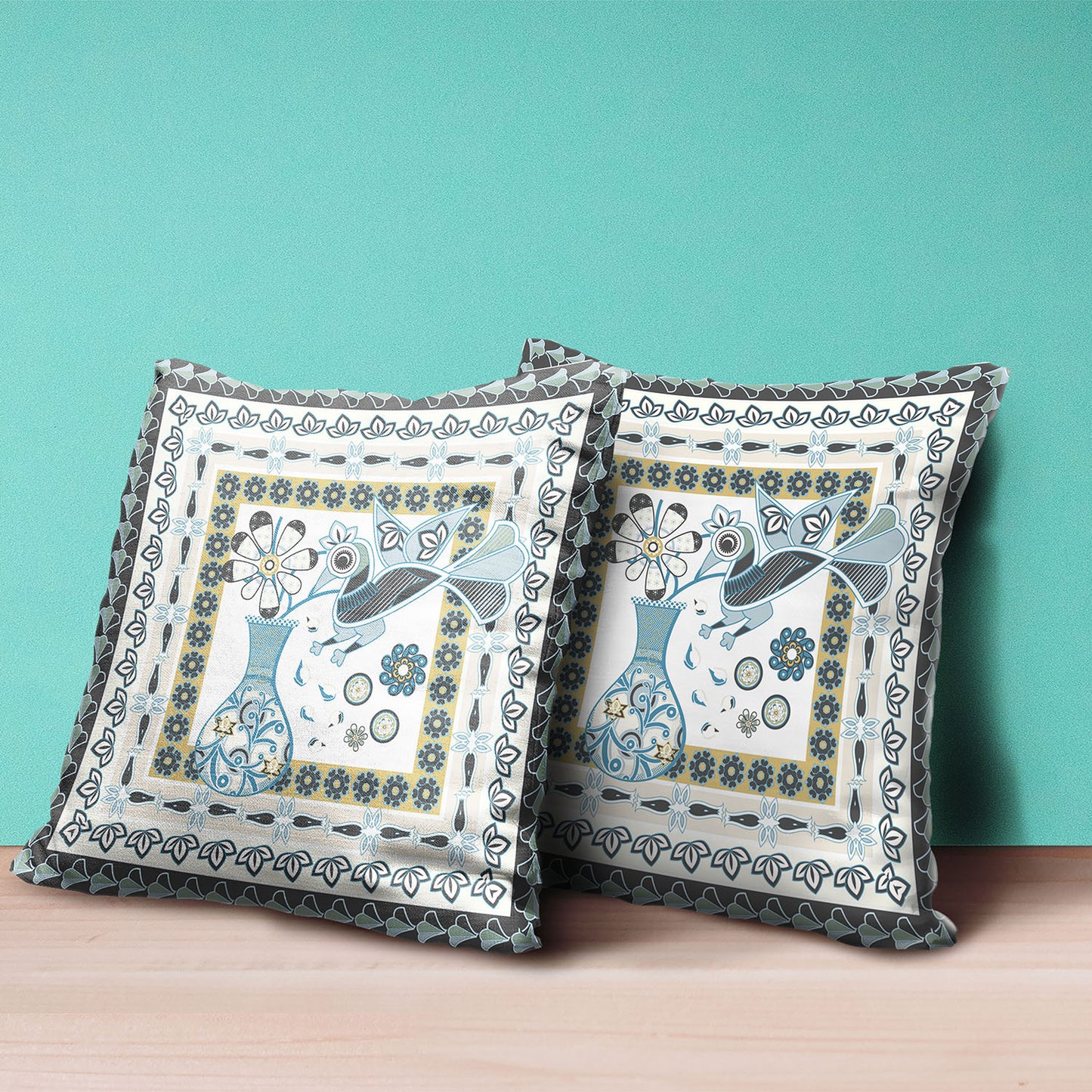 18" X 18" Black and Blue Peacock Broadcloth Floral Zippered Pillow