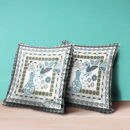 18" X 18" Black and Blue Peacock Broadcloth Floral Zippered Pillow
