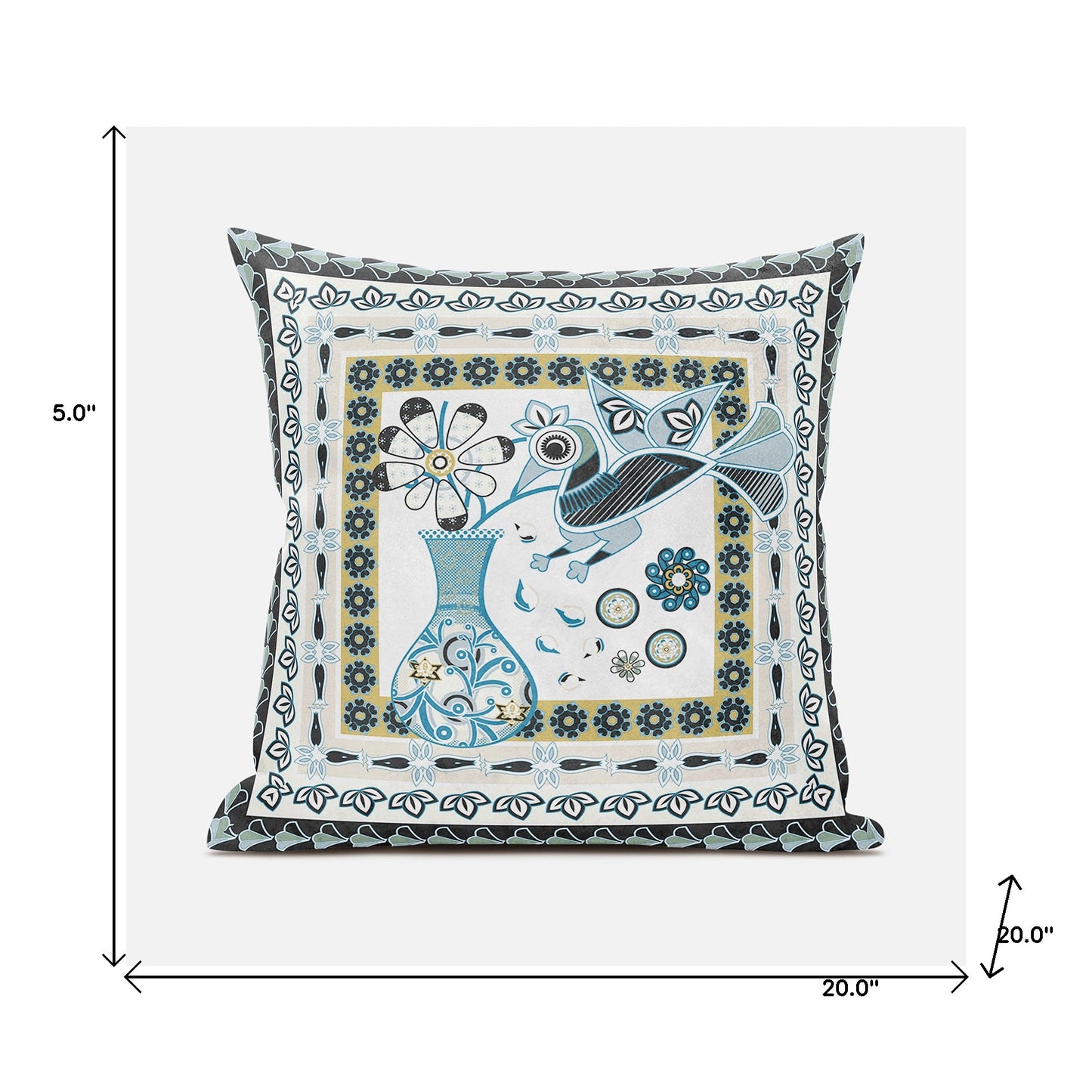 20" X 20" Black and Blue Peacock Broadcloth Floral Zippered Pillow
