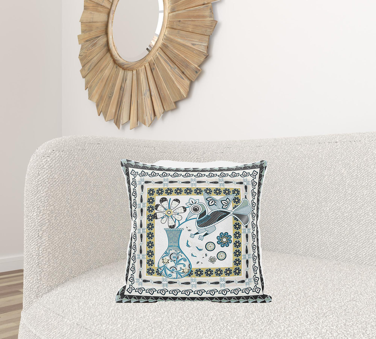 20" X 20" Black and Blue Peacock Broadcloth Floral Zippered Pillow