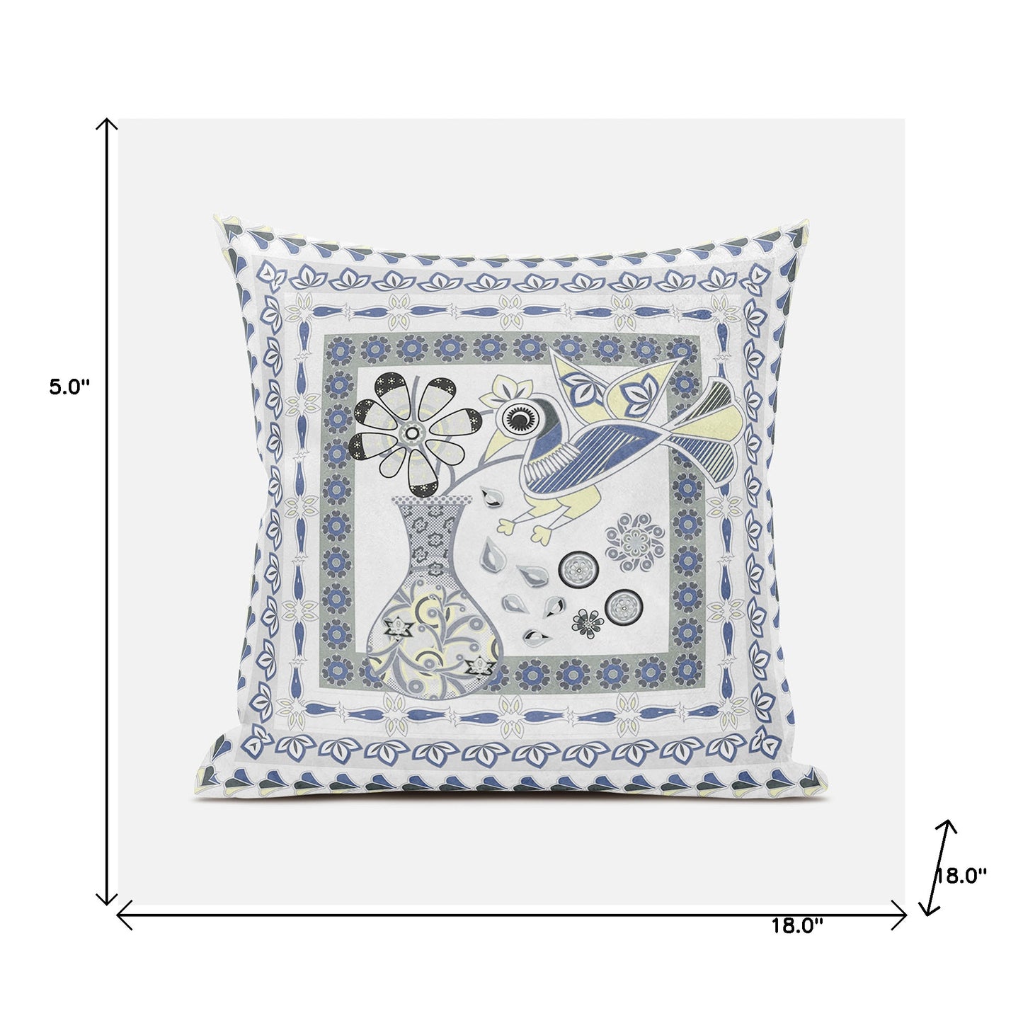 18" X 18" Gray and Yellow Peacock Broadcloth Floral Zippered Pillow