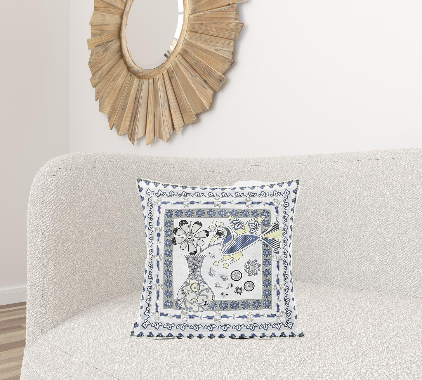 20" X 20" Gray and Yellow Peacock Broadcloth Floral Zippered Pillow