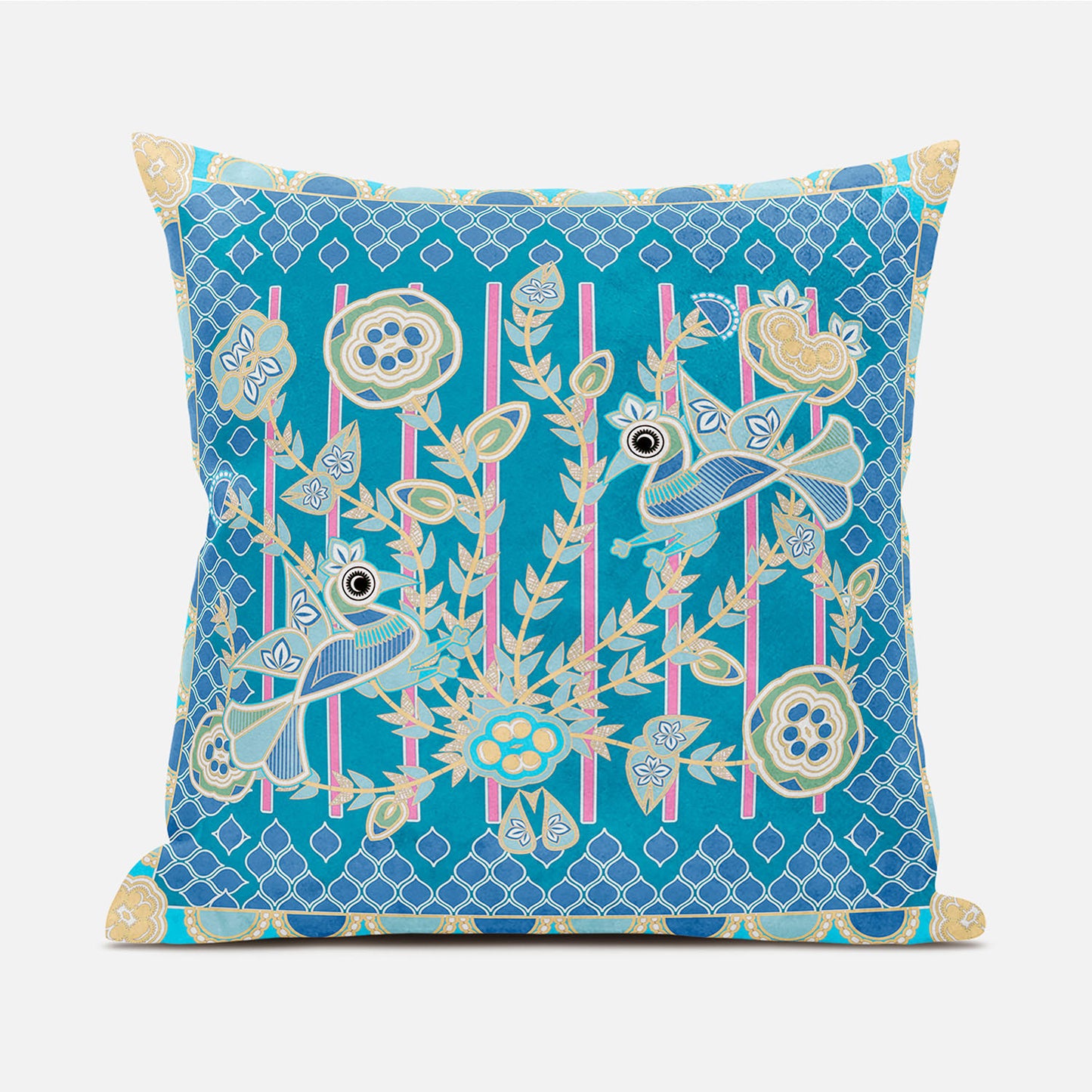 16" X 16" Blue and Gold Peacock Broadcloth Floral Zippered Pillow