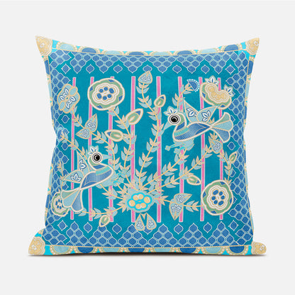 16" X 16" Blue and Gold Peacock Broadcloth Floral Zippered Pillow