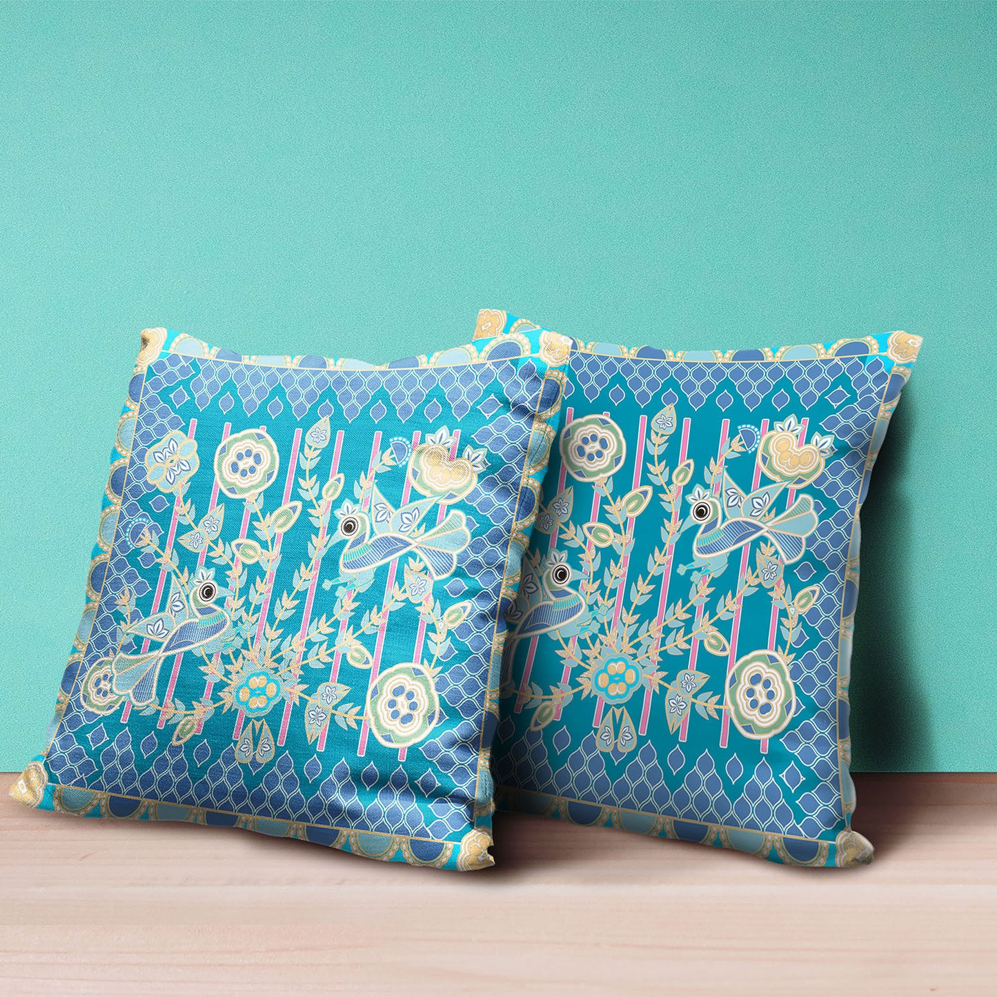 16" X 16" Blue and Gold Peacock Broadcloth Floral Zippered Pillow