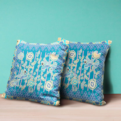 16" X 16" Blue and Gold Peacock Broadcloth Floral Zippered Pillow