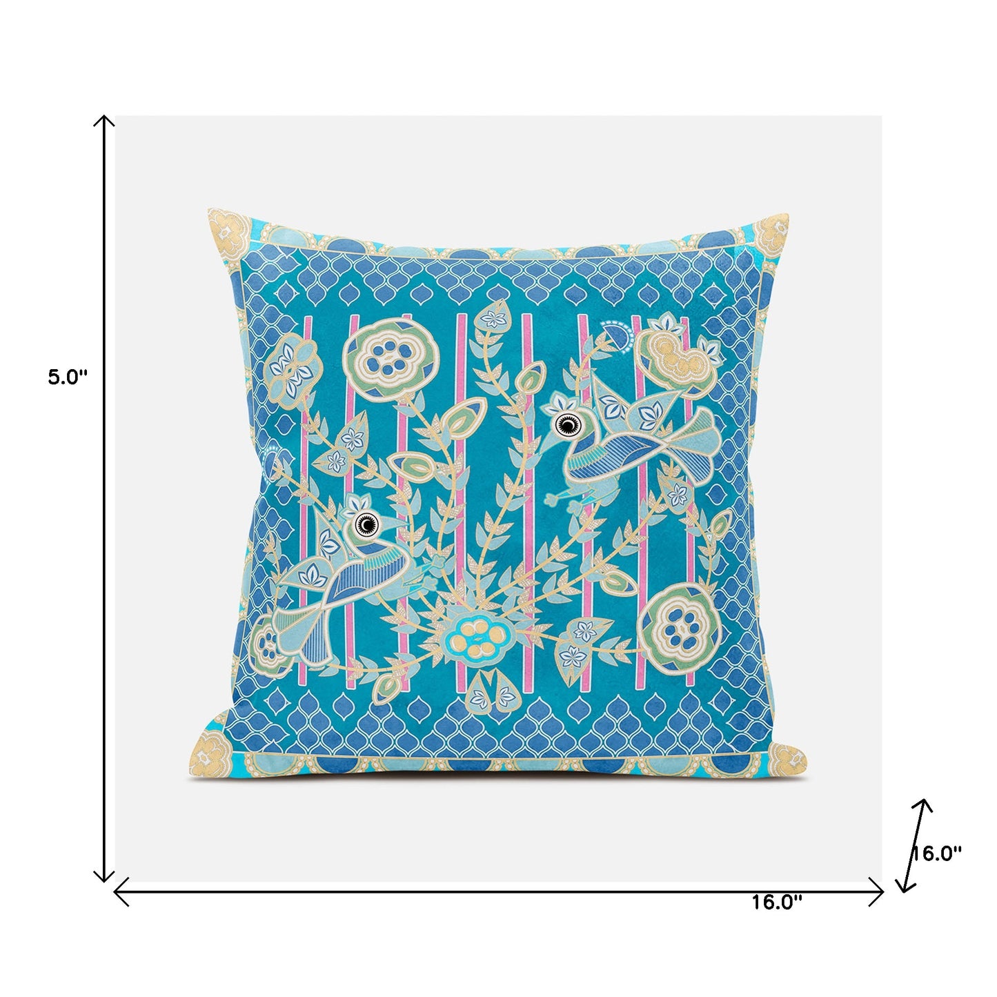 16" X 16" Blue and Gold Peacock Broadcloth Floral Zippered Pillow