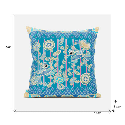 16" X 16" Blue and Gold Peacock Broadcloth Floral Zippered Pillow