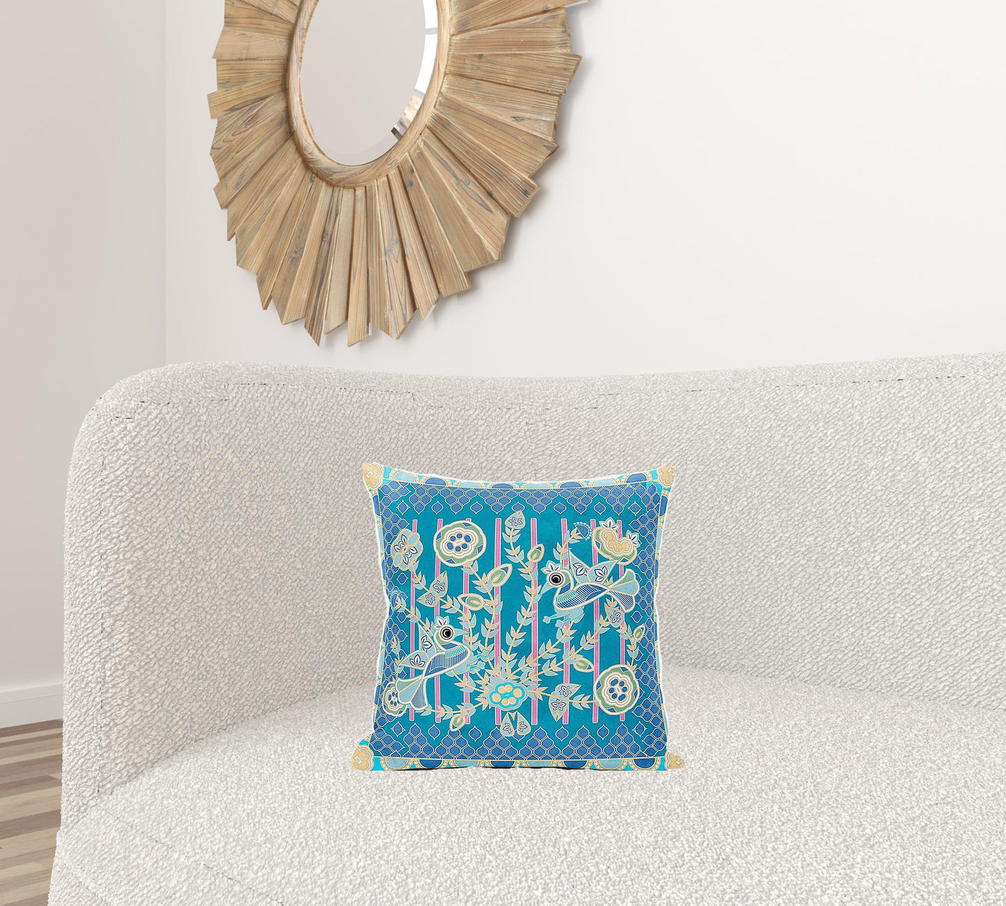 16" X 16" Blue and Gold Peacock Broadcloth Floral Zippered Pillow