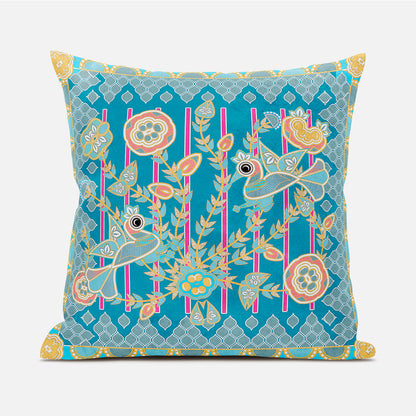 16" X 16" Blue and Gold Peacock Broadcloth Floral Zippered Pillow