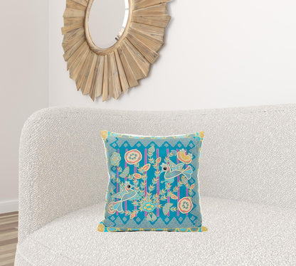 18" X 18" Blue and Gold Peacock Broadcloth Floral Zippered Pillow