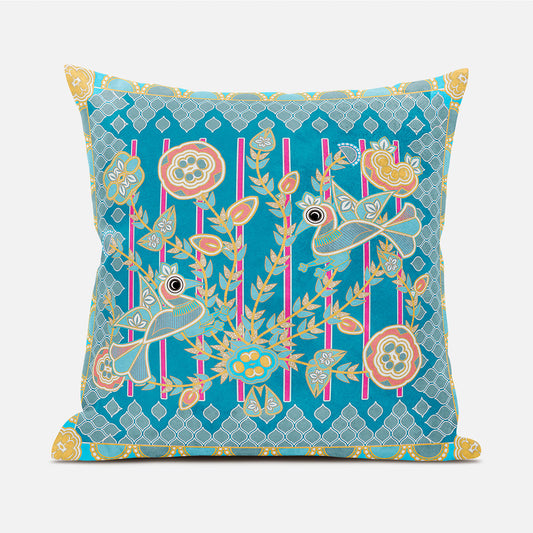 18" X 18" Blue and Gold Peacock Broadcloth Floral Zippered Pillow