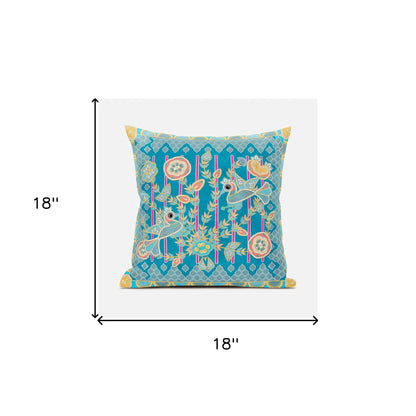 18" X 18" Blue and Gold Peacock Broadcloth Floral Zippered Pillow