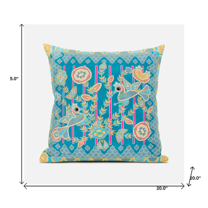 20" X 20" Blue and Gold Peacock Broadcloth Floral Zippered Pillow
