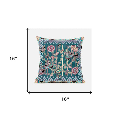 16" X 16" Pink and Green Peacock Broadcloth Floral Zippered Pillow